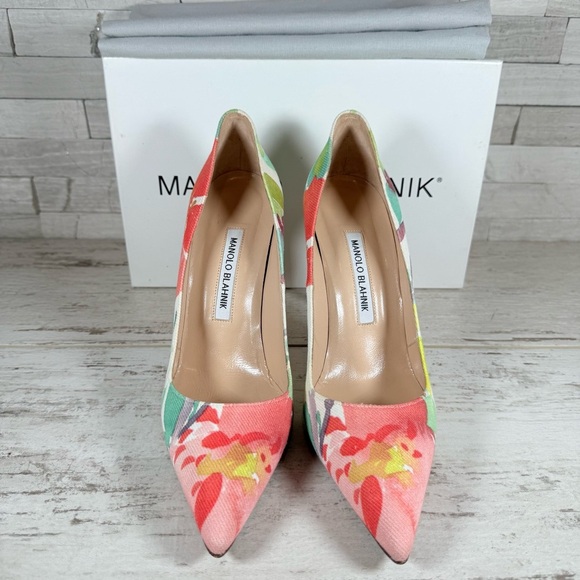 MANOLO BLAHNIK 105 Fabric BB Acuarela Watercolor Floral Print Pumps Size 38.5 - Picture 5 of 16